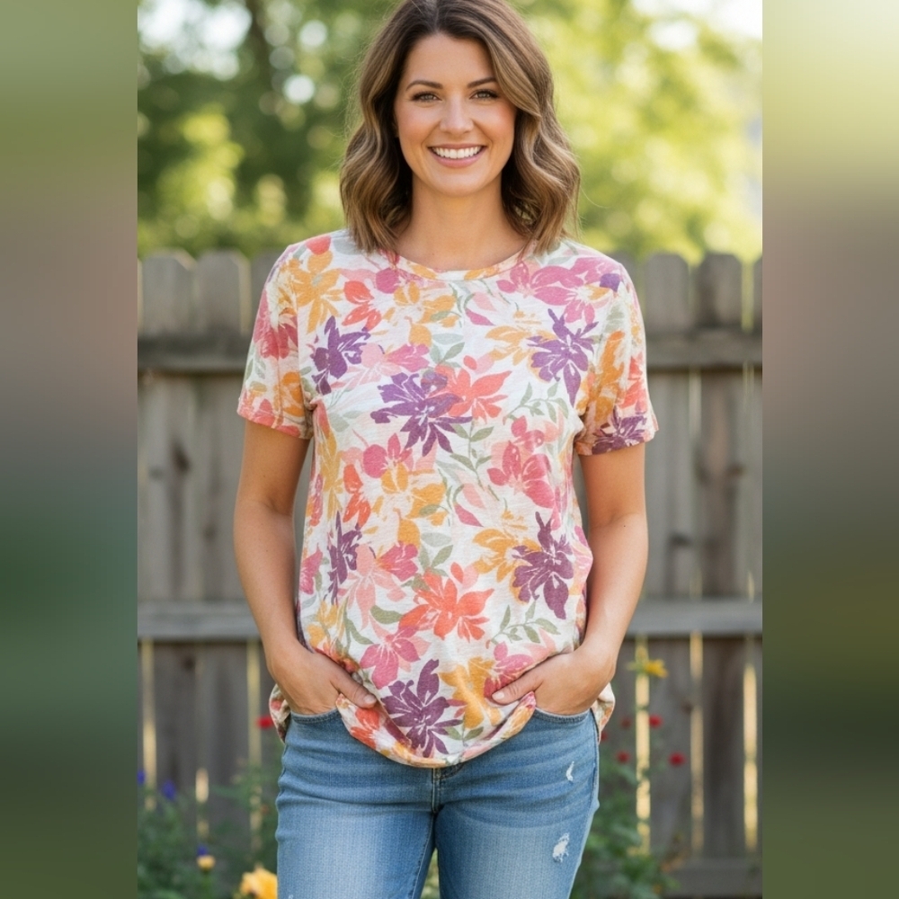 Blue Sol Tropical Floral Print Short Sleeve Tee